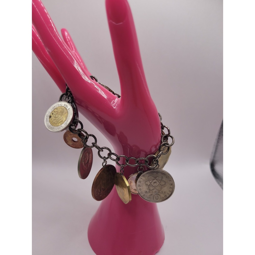 Mixed Metal Coin Charm Bracelet Gold Silver Copper Tone Medallion Statement Band